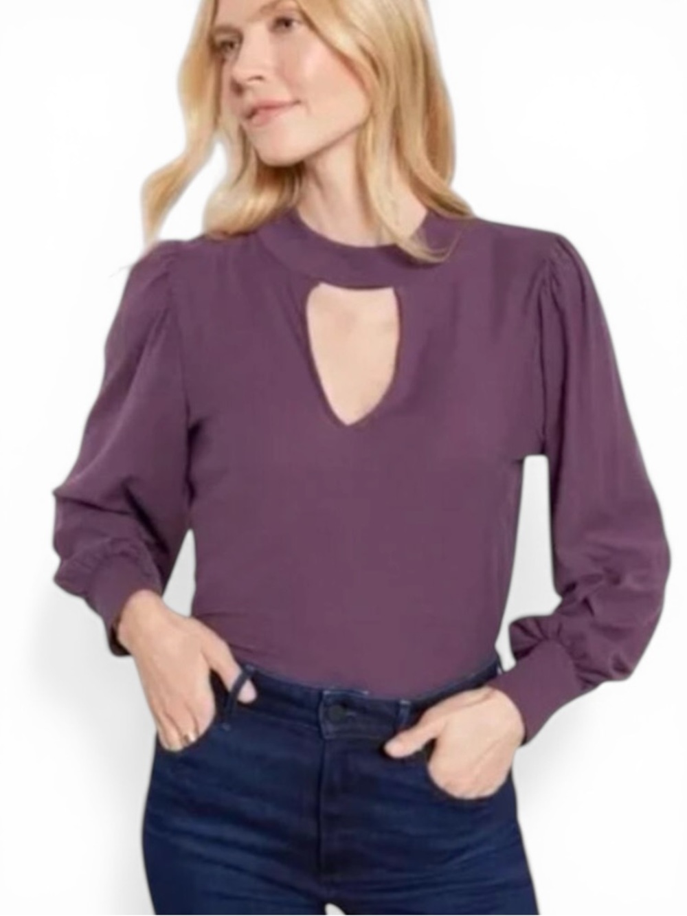 Nation Shelby Long Sleeve Pima Cotton Top Mock Neck Keyhole Opening Plum Size M